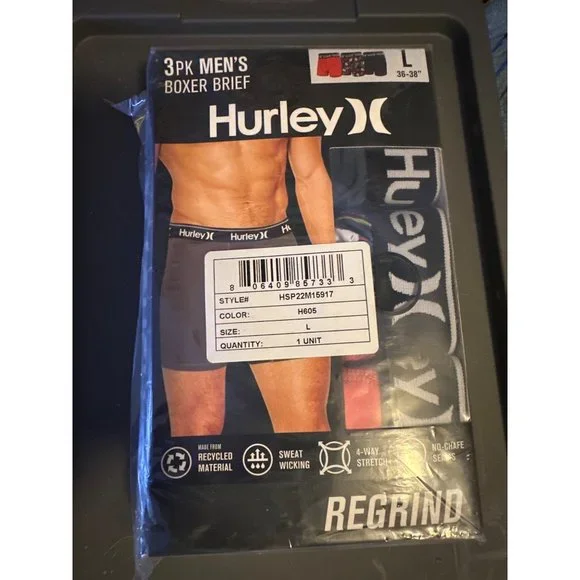 Hurley Men's Regrind Fashion Boxer Brief 3 Pack in Red/blue, Size Large, NIB - Picture 2 of 3